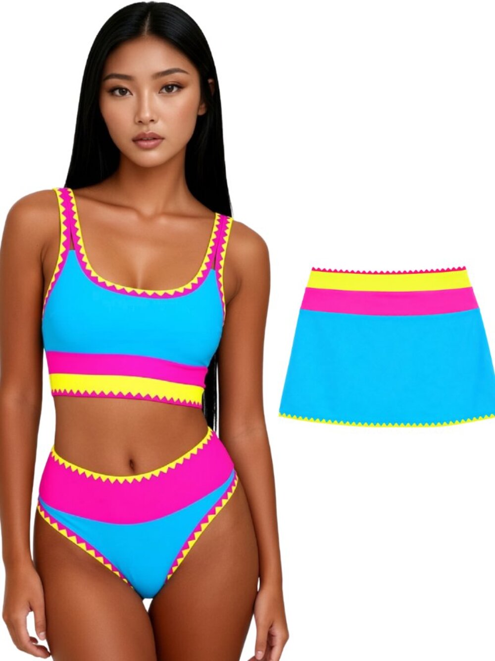 POPVIL Small Blue 3 Piece High Waisted Bikini with Skirt Tummy Control